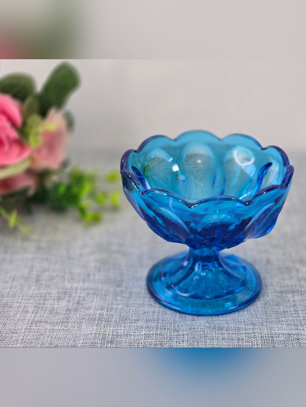 MCM Vintage Blue Fairfield Pattern Anchor Hocking Dessert Dish 3.5"x4.5"